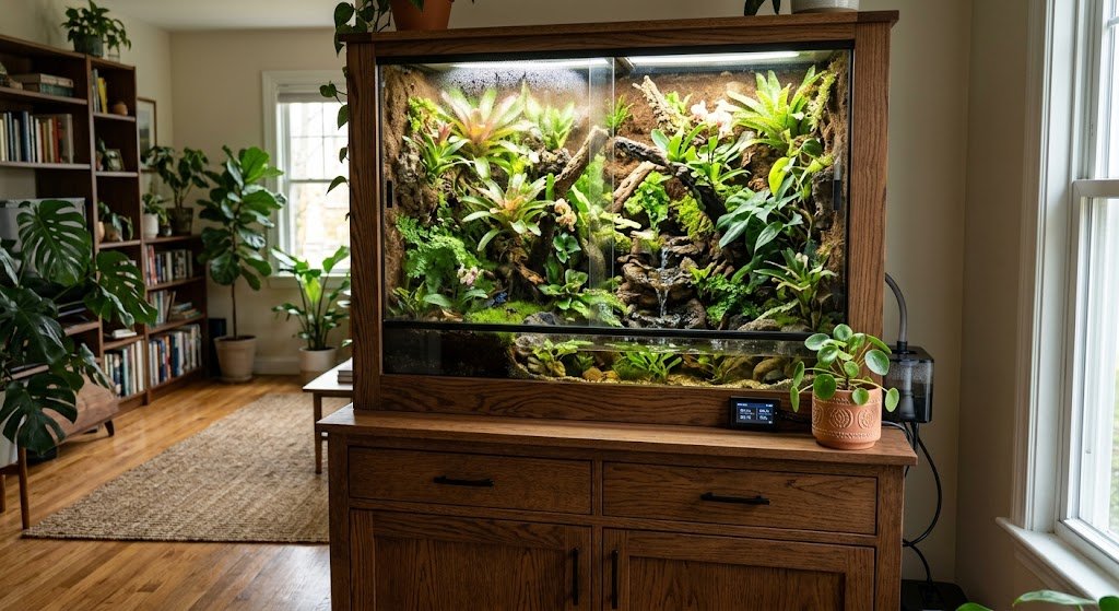 Built-in-house timber vivarium cabinet, planted, in a living room at a customer's home