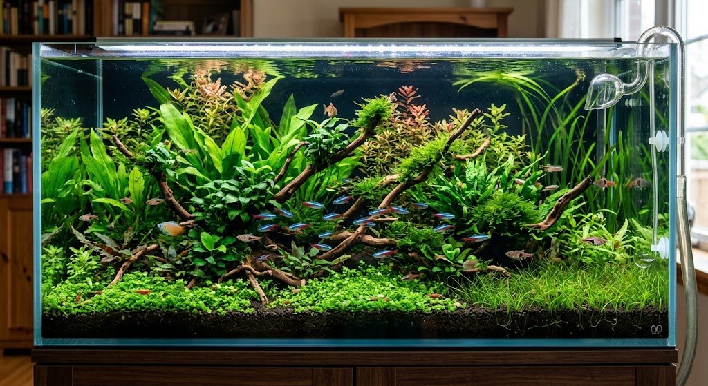 Planted freshwater aquarium with driftwood and tetras